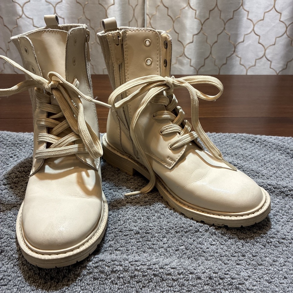 Sam Edelman Boots Girls Sz 3 Ivory Leather Combat Lug Sole Lace Up Zip
